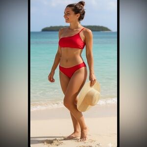 Ribbed One Shoulder Bikini 2 piece swimsuit bathing suit red size medium padded*